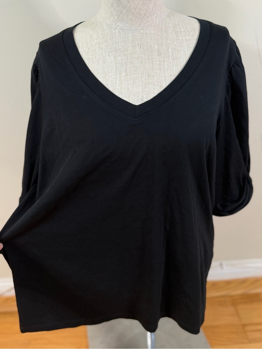 7 For All Mankind V-Neck Puffed Twist Sleeve Cotton Top Black L Relaxed Luxury